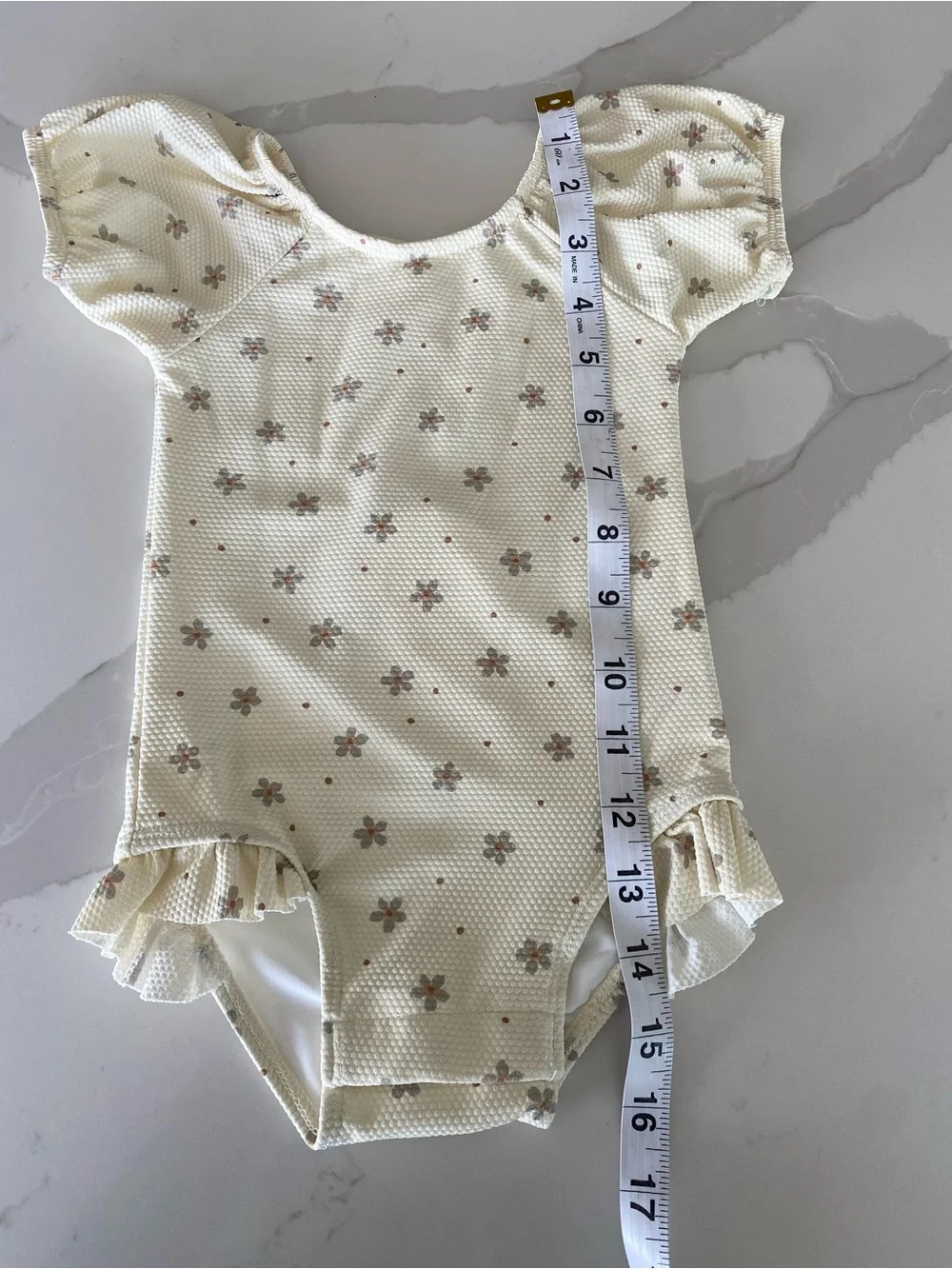 NWT Quincy Mae Ivory Floral Puff Sleeve Ruffle One-Piece Swimsuit UPF 50 12-18M